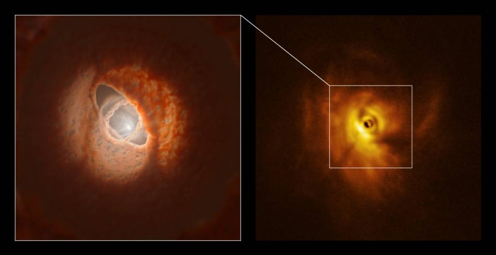Encuentran discos de formacion de planetas destrozados por sus tres estrellas centrales