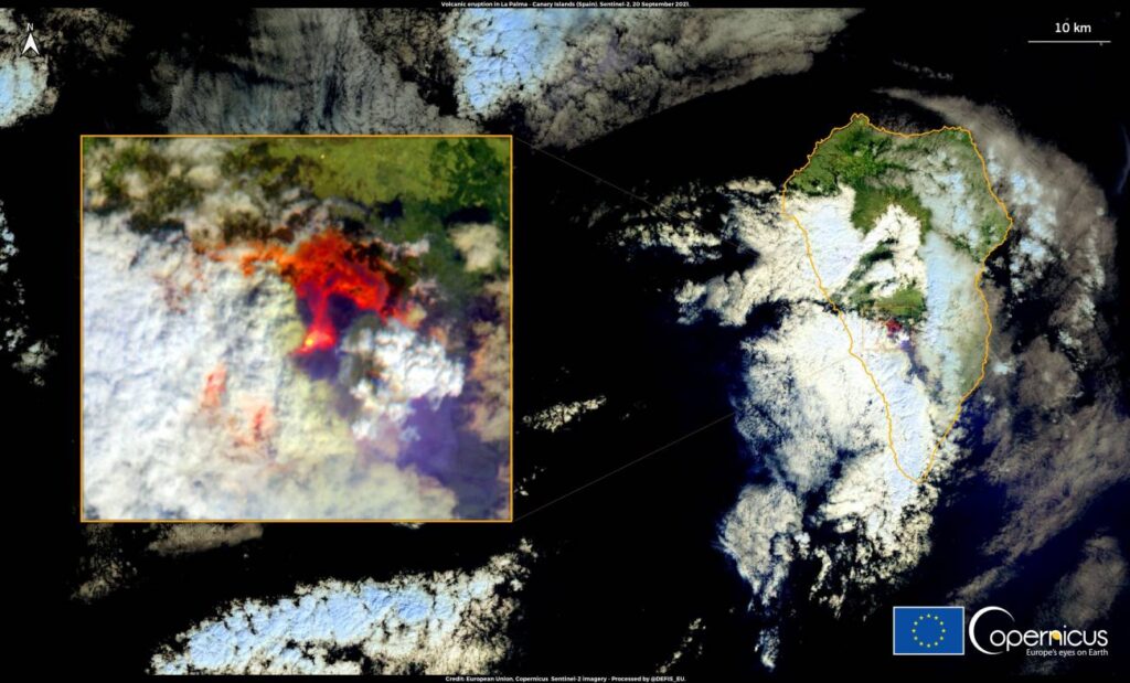 Imagen por satelite del despertar del volcan en La Palma