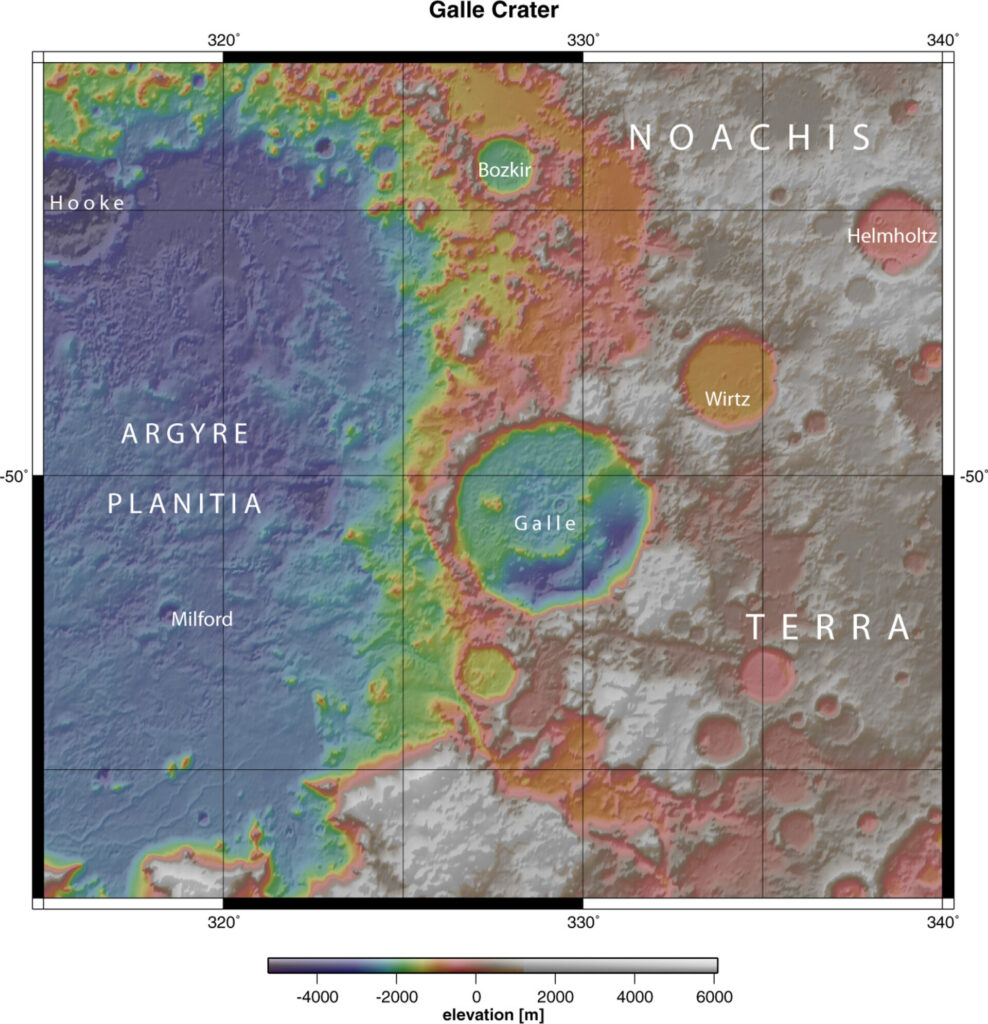 Map showing Crater Galle in context pillars