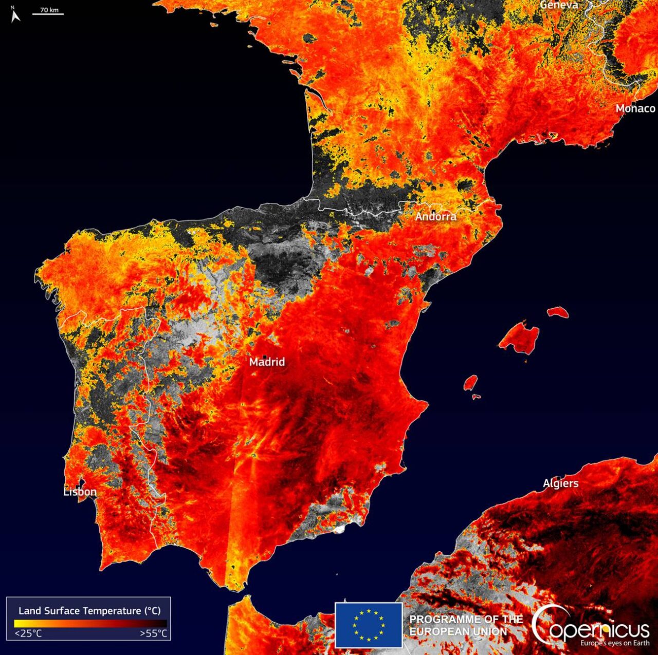 Satelites europeos registran 53 grados de temperatura en el suelo de Espana