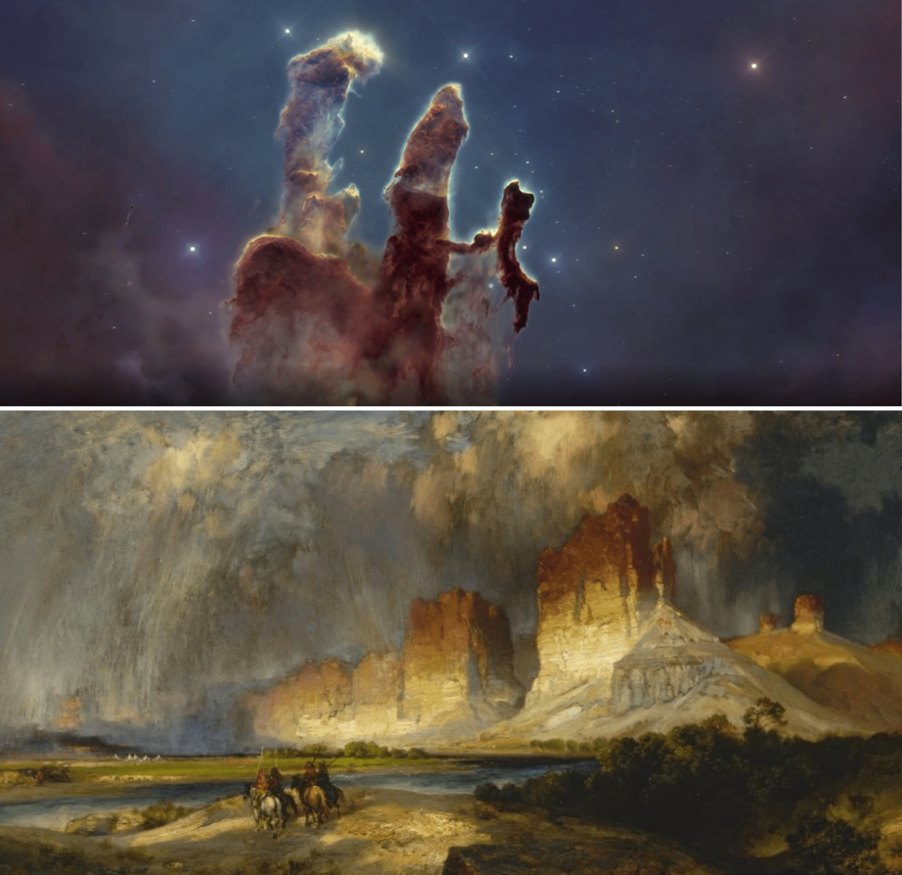 Los Pilares de la Creacion tomada por el telescopio Hubble y Acantilados del rio Colorado del artista Thomas Moran