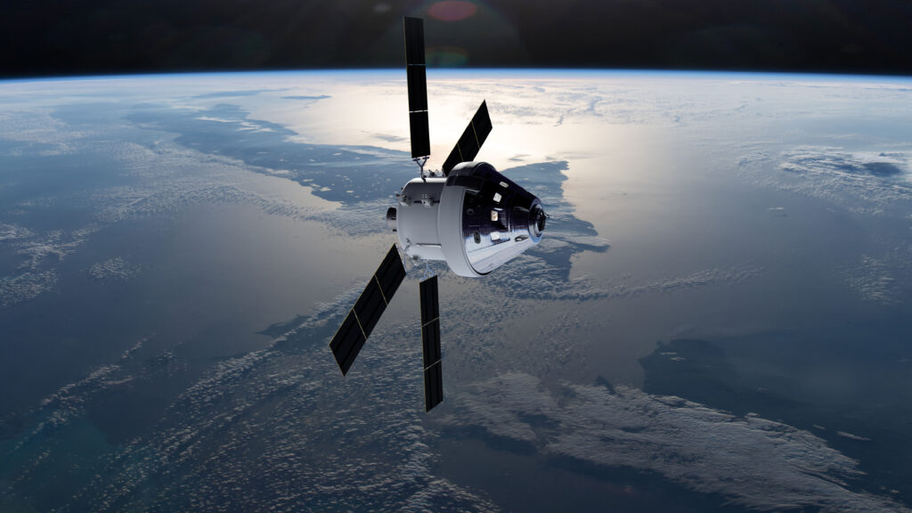 Orion and European Service Module orbiting Earth