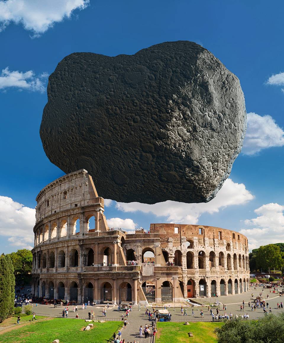 Dimorphos asteroid to scale with Rome s Colosseum pillars 1