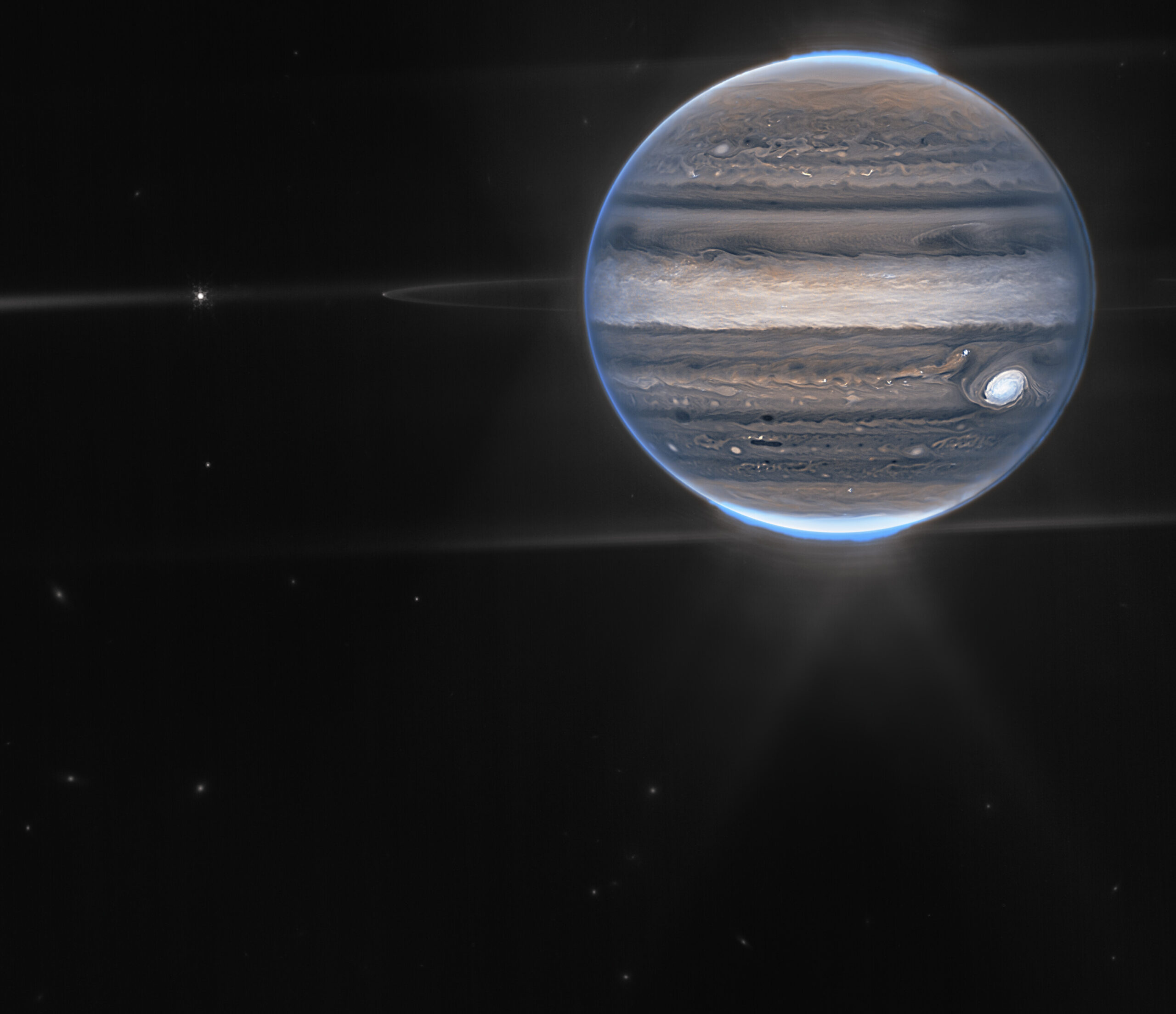 Jupiter showcases aurorae hazes NIRCam widefield view scaled