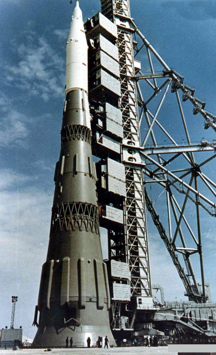N1 1M1 mockup on the launch pad at the Baikonur Cosmodrome in late 1967