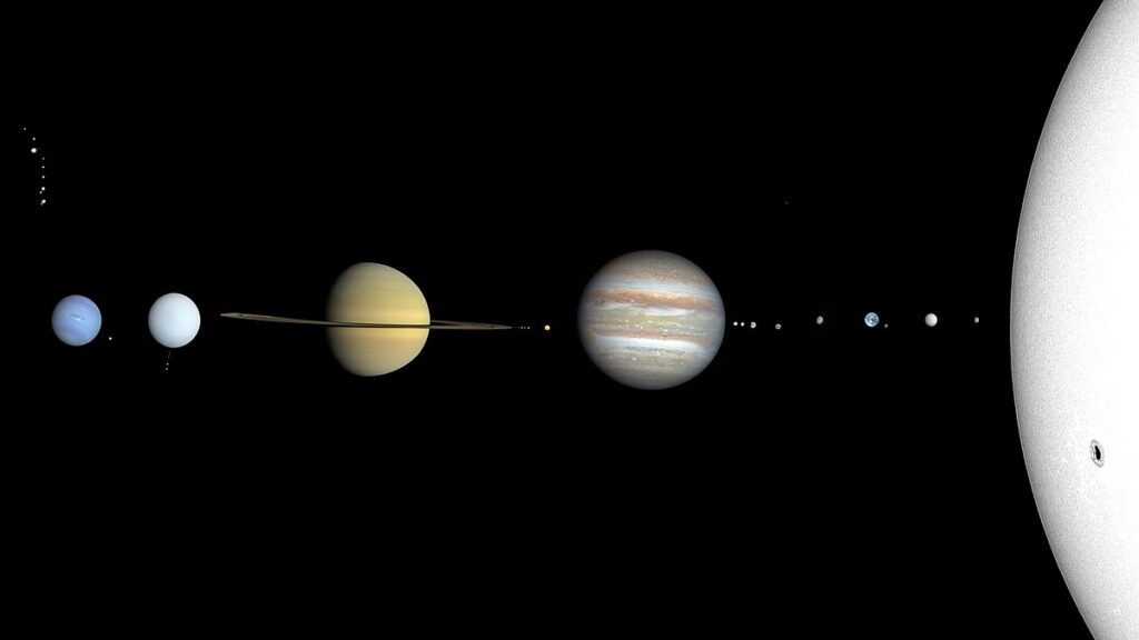 Imagen compuesta a color real de los planetas del sistema solar y sus lunas.