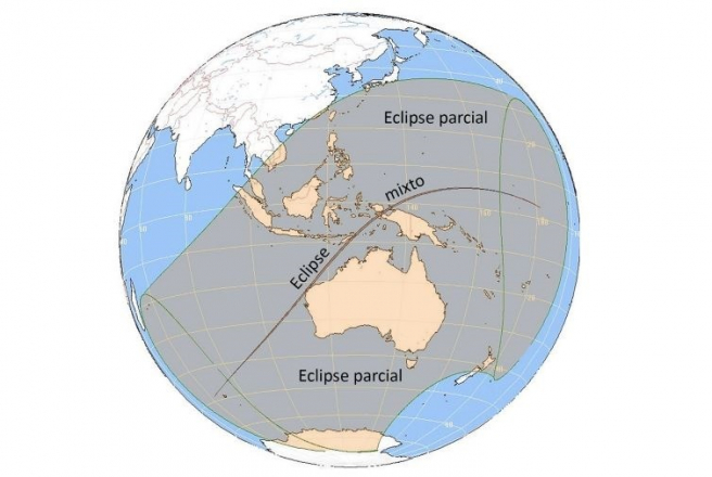 trayectoria del eclipse solar mixto que tendra lugar este miercoles 1