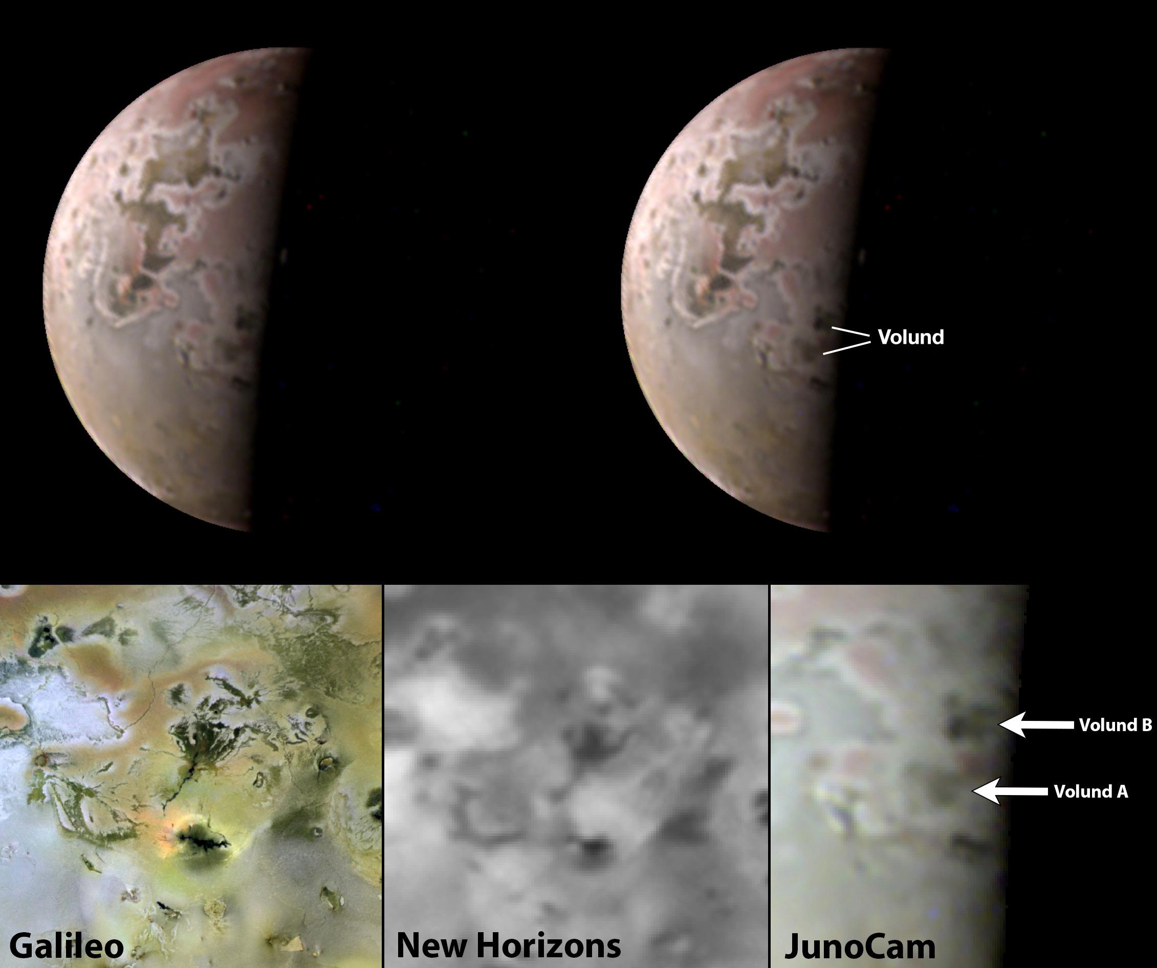 imagen de la NASA que muestra tres imágenes de tres sondas de un mismo lugar de Ío y muestra su evolución
