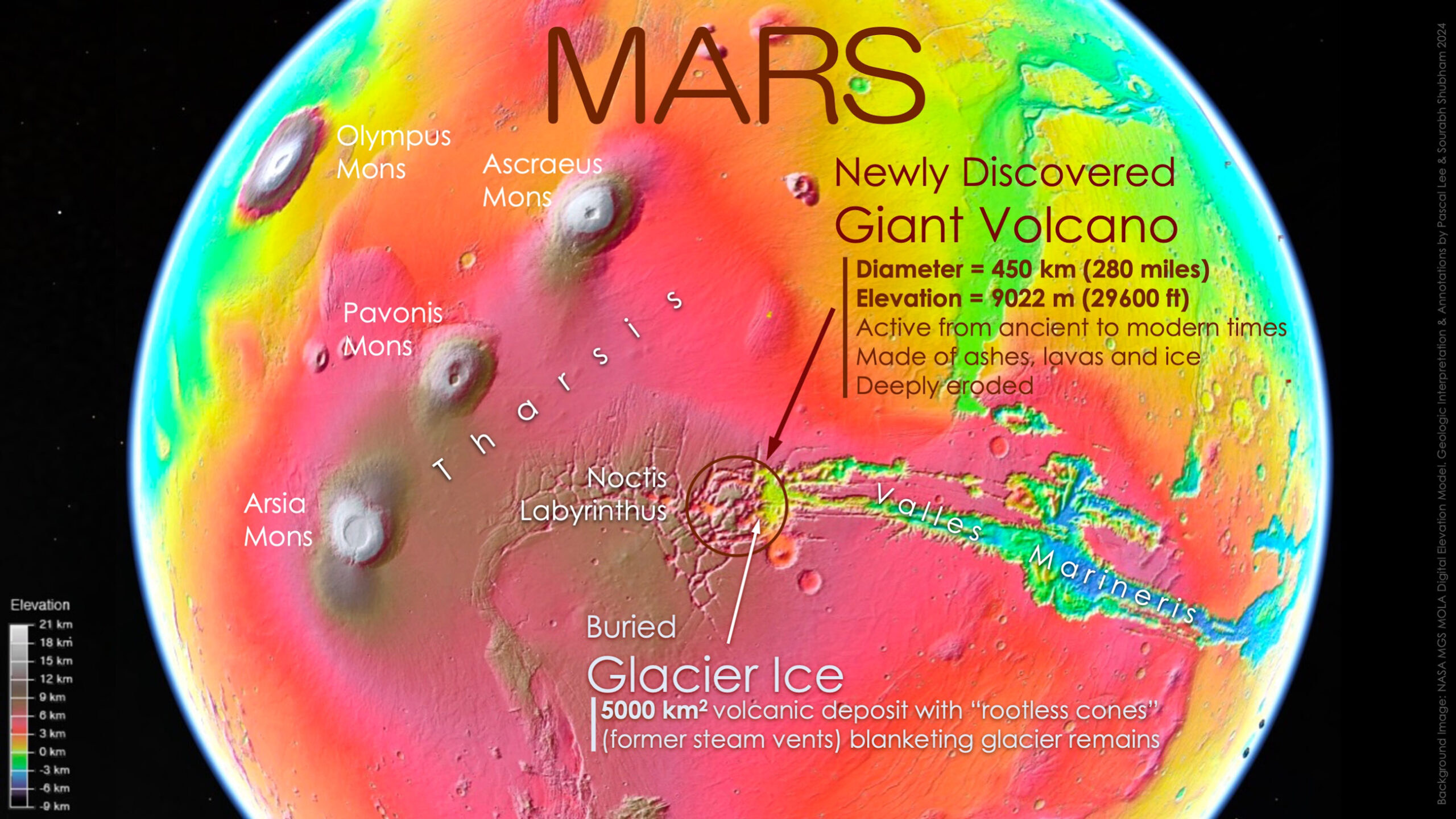 Imagen de Marte a falso color, las regiones blancas muestran los puntos más altos y las azules los más bajos respecto al radio medio del planeta.
