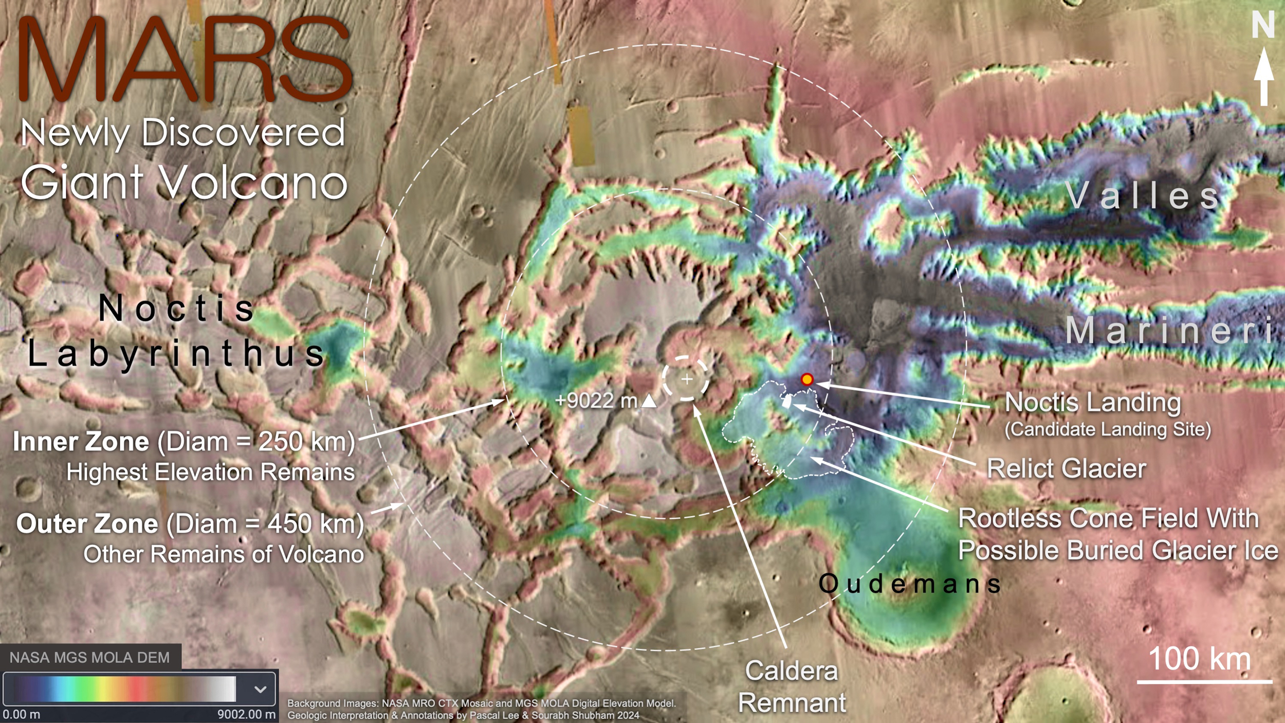 Mapa topográfico centrado en la región del recién descubierto Noctis Volcano a falso color.
