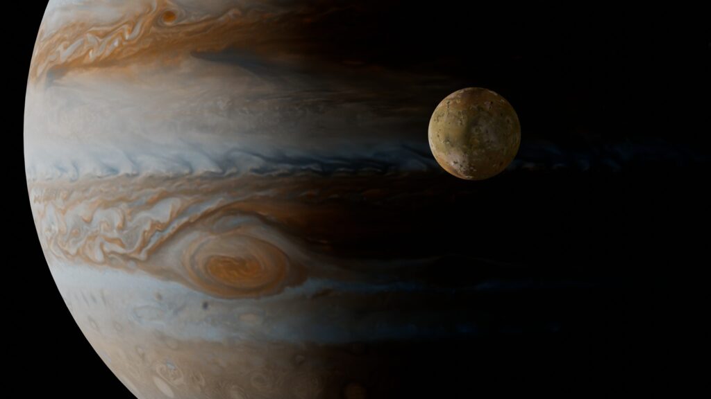 Luna Ío frente a Júpiter en el terminador
