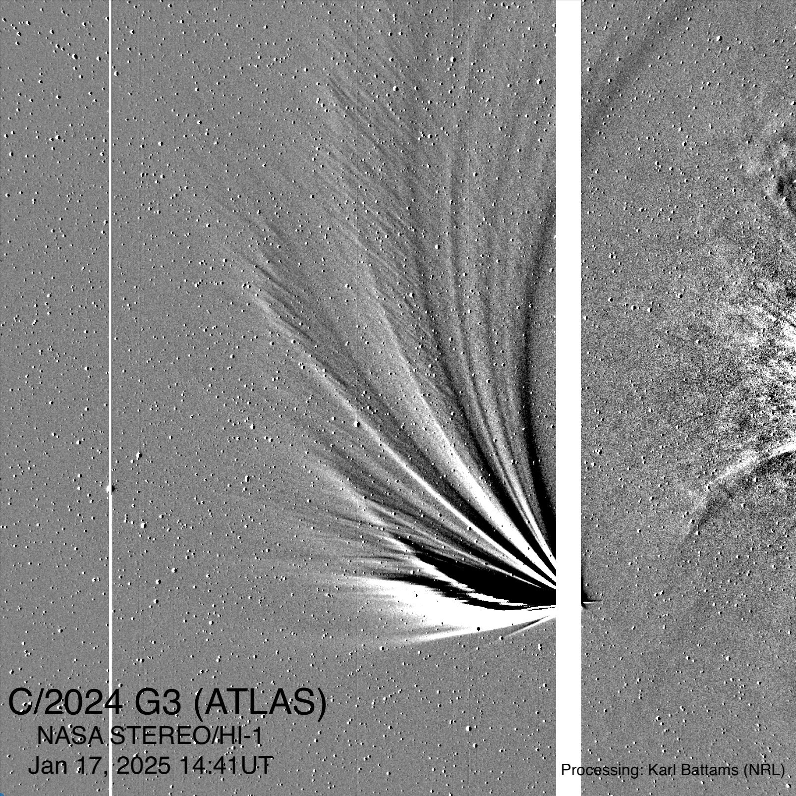 El cometa C/2024 G3 (ATLAS) captado por el instrumento HI-1 de la nave espacial STEREO de la NASA el 17 de enero de 2025. La imagen muestra el cometa acercándose al Sol, con una cola brillante y detalles procesados por Karl Battams (NRL