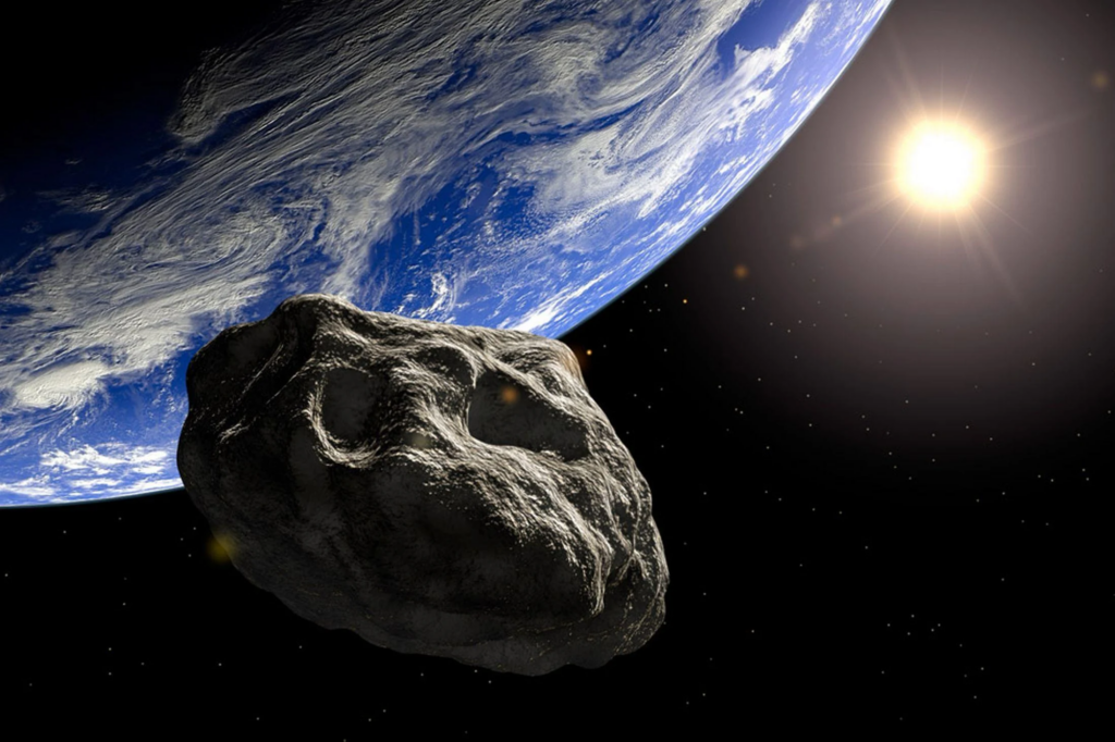 Asteroide acercándose a la Tierra con el Sol al fondo