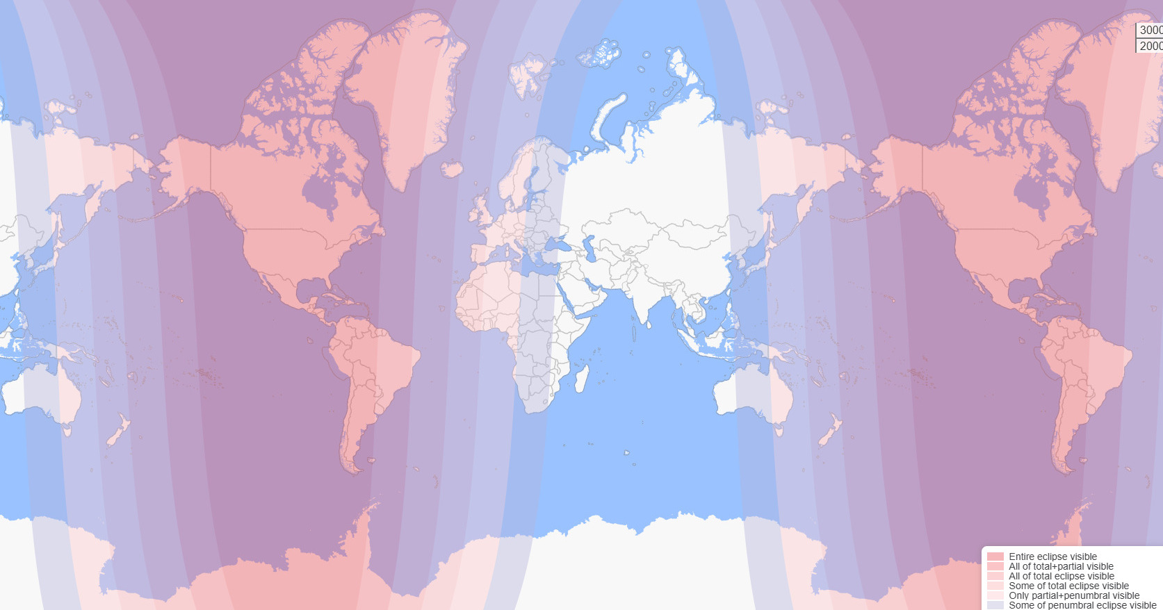 Mapa mundial de visibilidad del eclipse lunar total del 13-14 de marzo de 2025