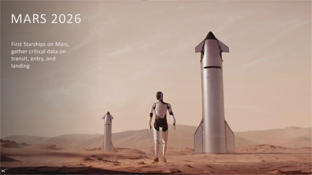 Robot Optimus de Tesla en Marte con Starships al fondo