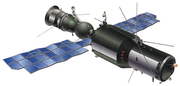 Diseño de la estación Almaz con una nave Soyuz acoplada