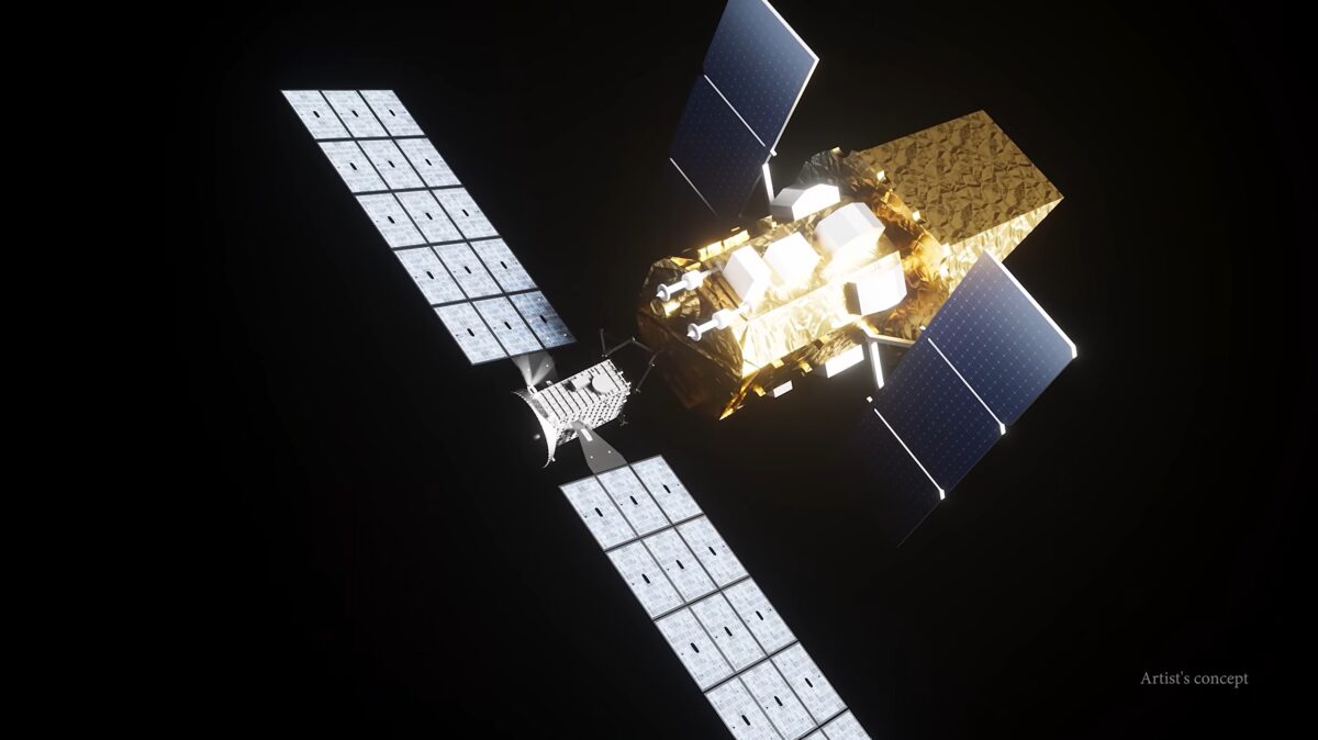 Imagen generada por ordenador que muestra el remolcador Swift Boost acoplado mediante los brazos robot a la superficie inferior del telescopio Swift