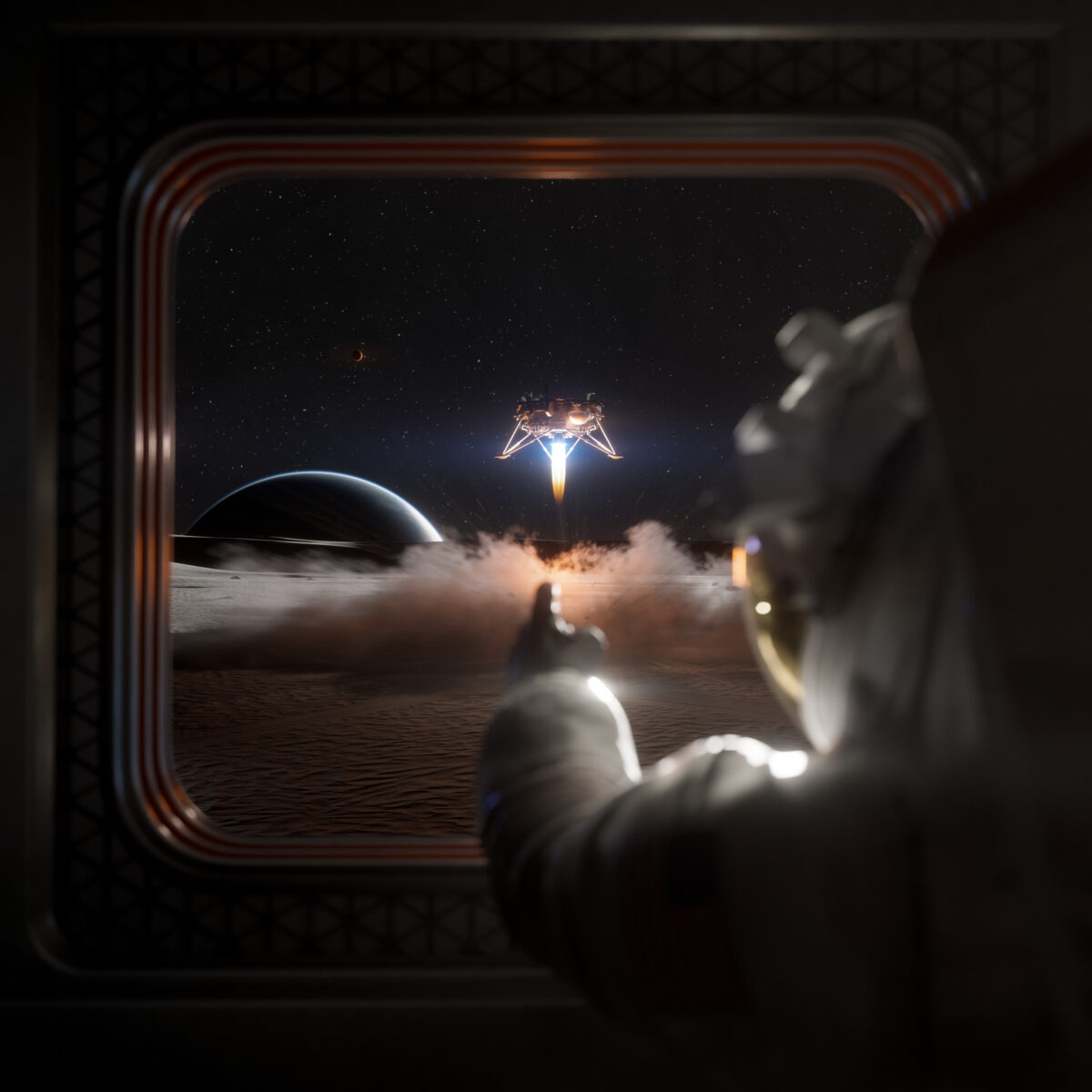 Una misión aitonoma de reabastecimiento aterriza en la base lunar mientras es vista por un astronauta enfundado en el traje espacial