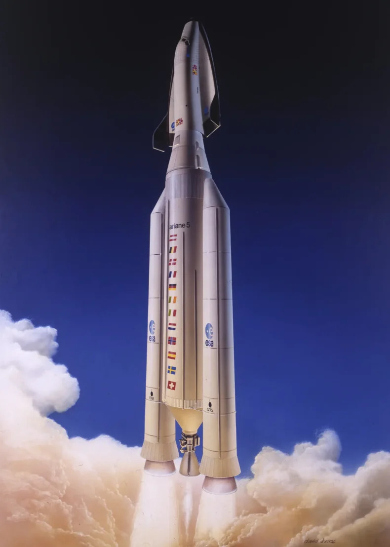 Dibujo manual de cómo habría sido el despegue de un Ariane 5 con un Hermes